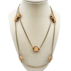 Gold-Tone Tangerine Orange Inset Gemstone Long Cable Chain Link Necklace Boho